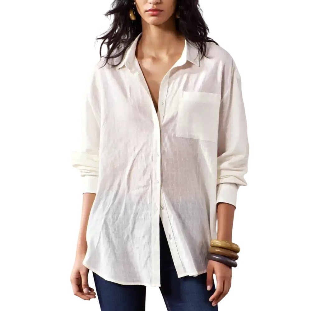 Nine West Womens White Linen Blend Button Down Shirt Oversized Large NWT